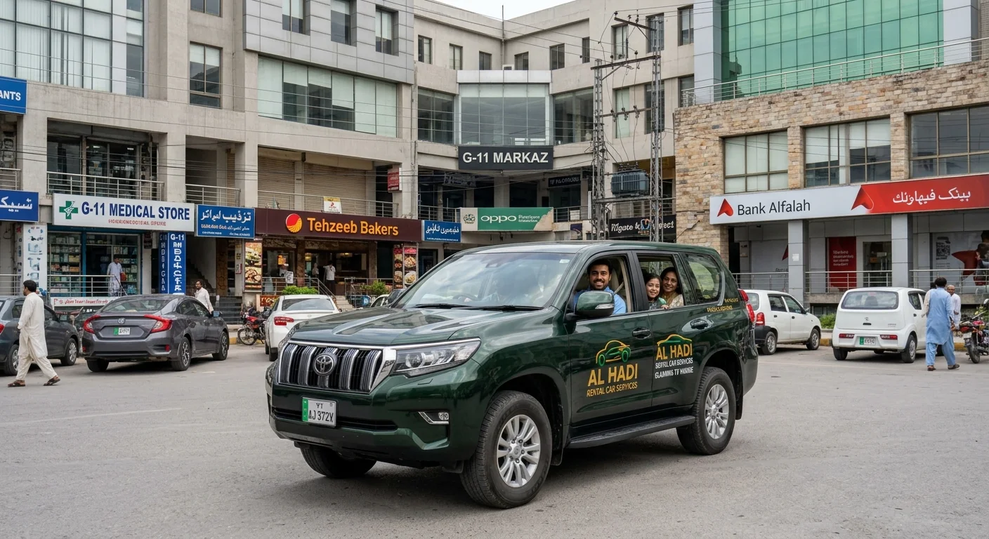 Green Toyota Prado with AL HADI branding and a driver in G-11 Markaz, Islamabad