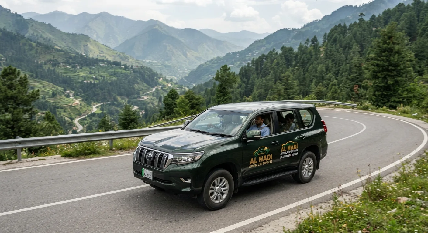 Green Toyota Prado with AL HADI branding on a curving road through forested hills
