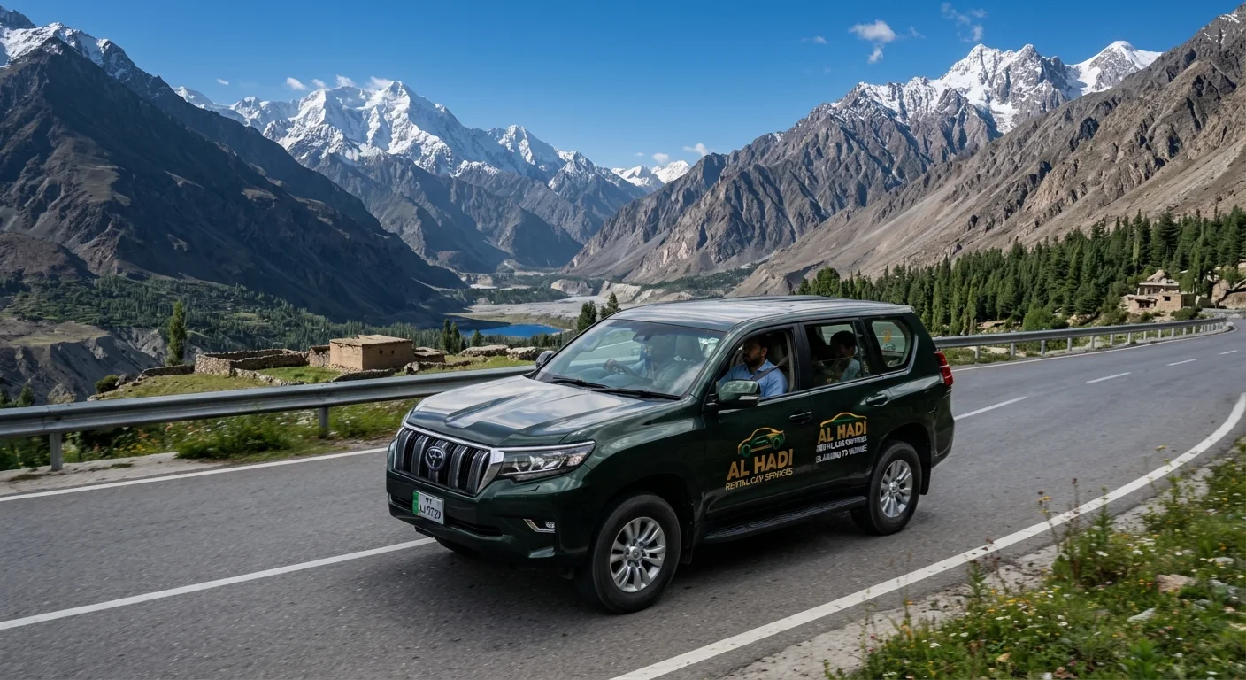 Green Toyota Prado with AL HADI branding on a mountain road with snow-capped peaks in northern Pakistan