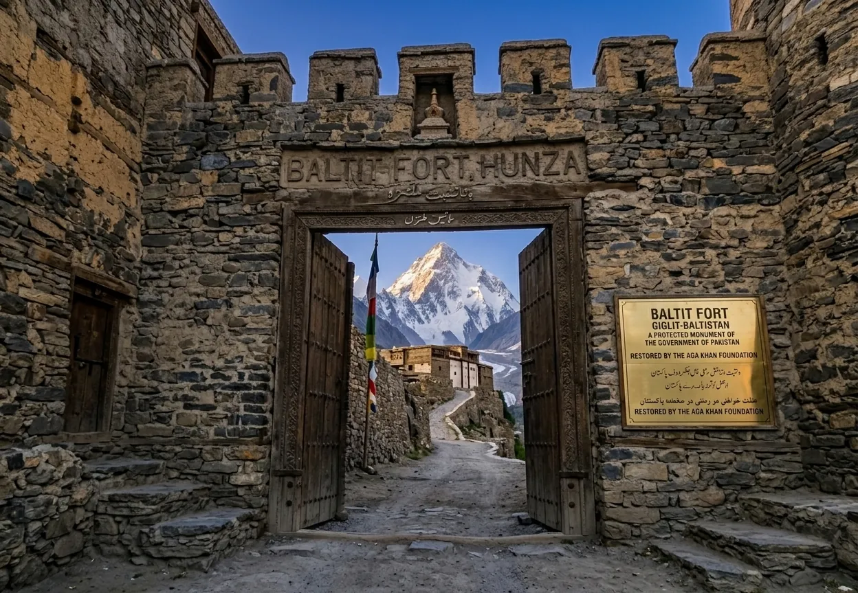 Baltit Fort gate in Hunza with snow peak behind, Gilgit-Baltistan