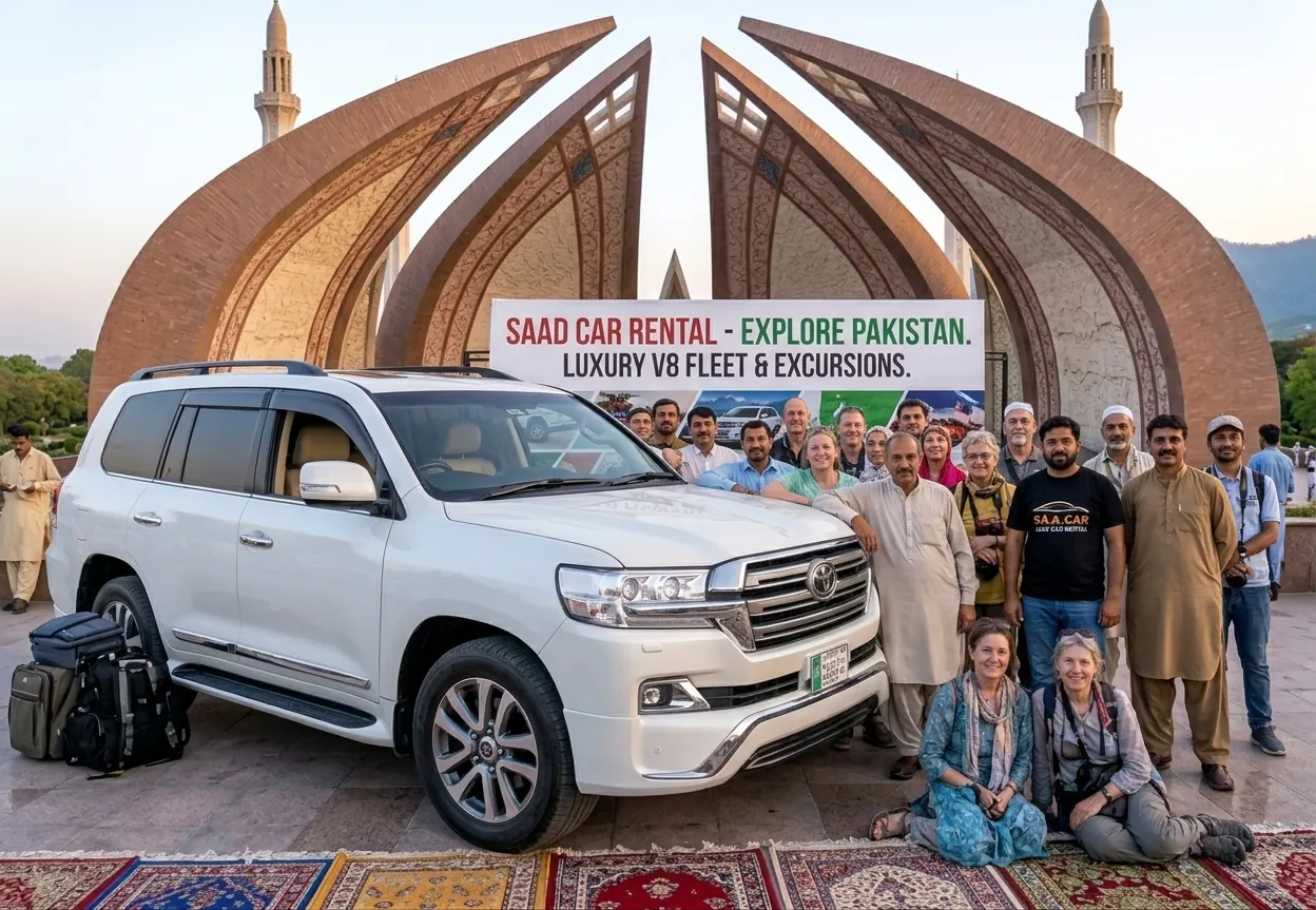 Al Hadi Rent A Car Land Cruiser with guests and local guides at the Pakistan Monument in Islamabad