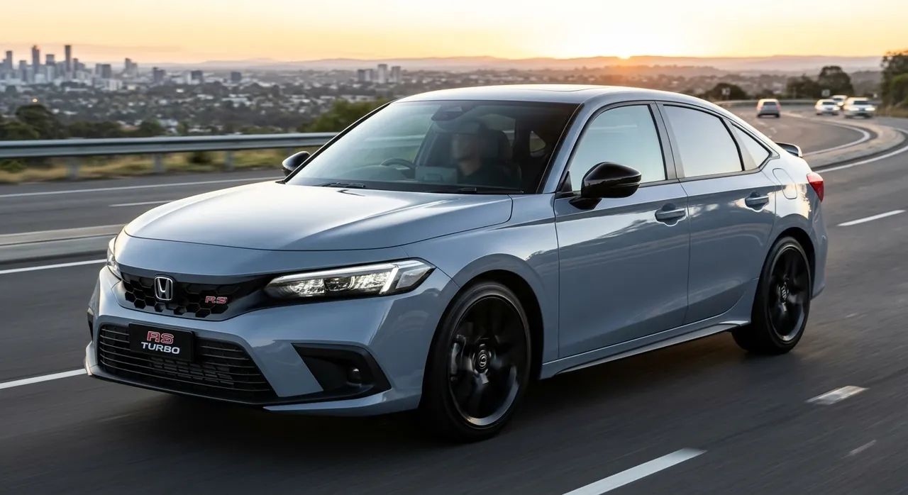 Honda Civic RS Turbo sedan on a highway at sunset with a city behind