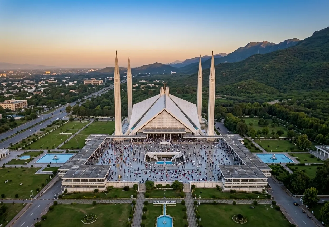 Faisal Mosque in Islamabad with the Margalla hills at sunset