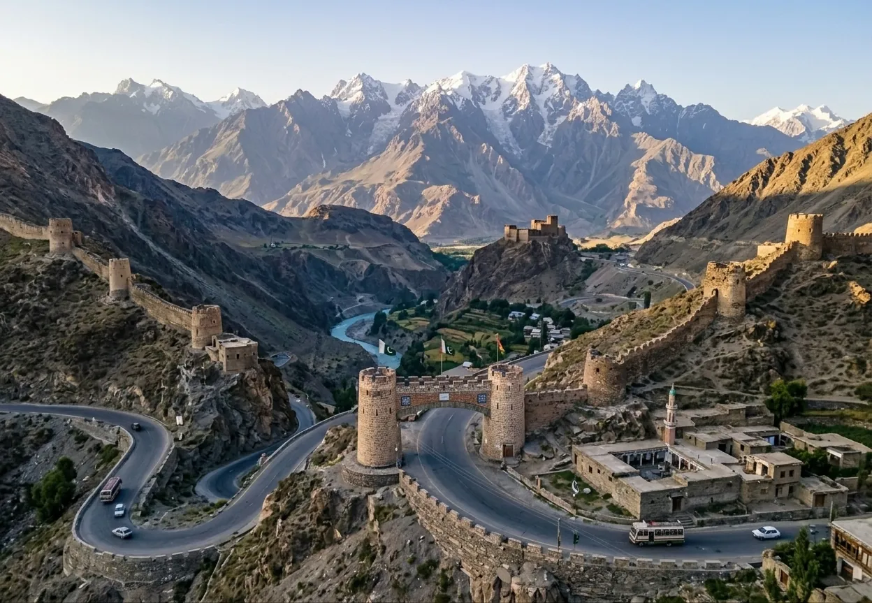 Mountain fort wall and winding road in northern Pakistan