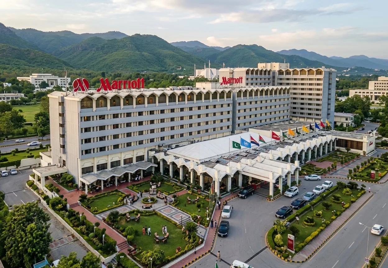 Islamabad Marriott Hotel and gardens with the Margalla hills behind