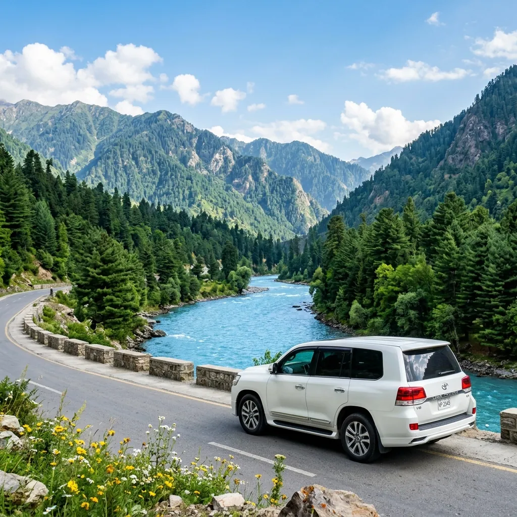 White Toyota Land Cruiser V8 on a pine-lined mountain road beside a blue river