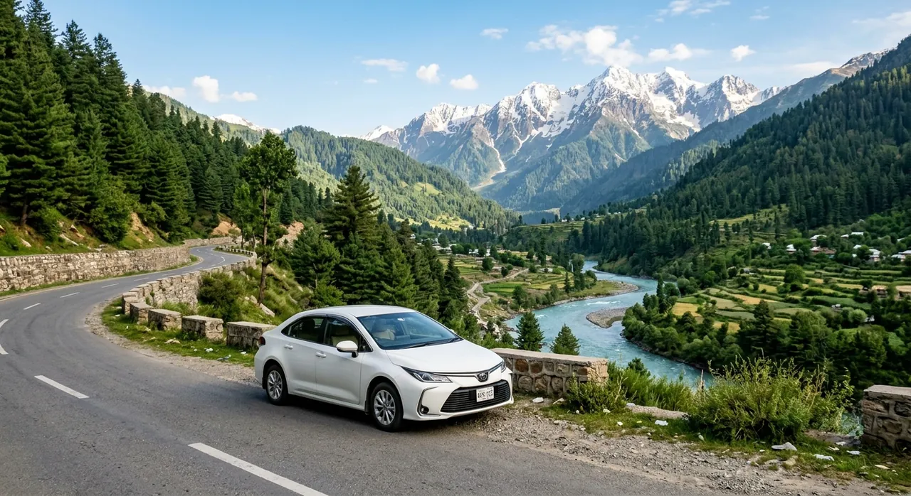 White Toyota Corolla on a mountain road above a river valley with snow peaks, typical of the Naran and Kaghan route