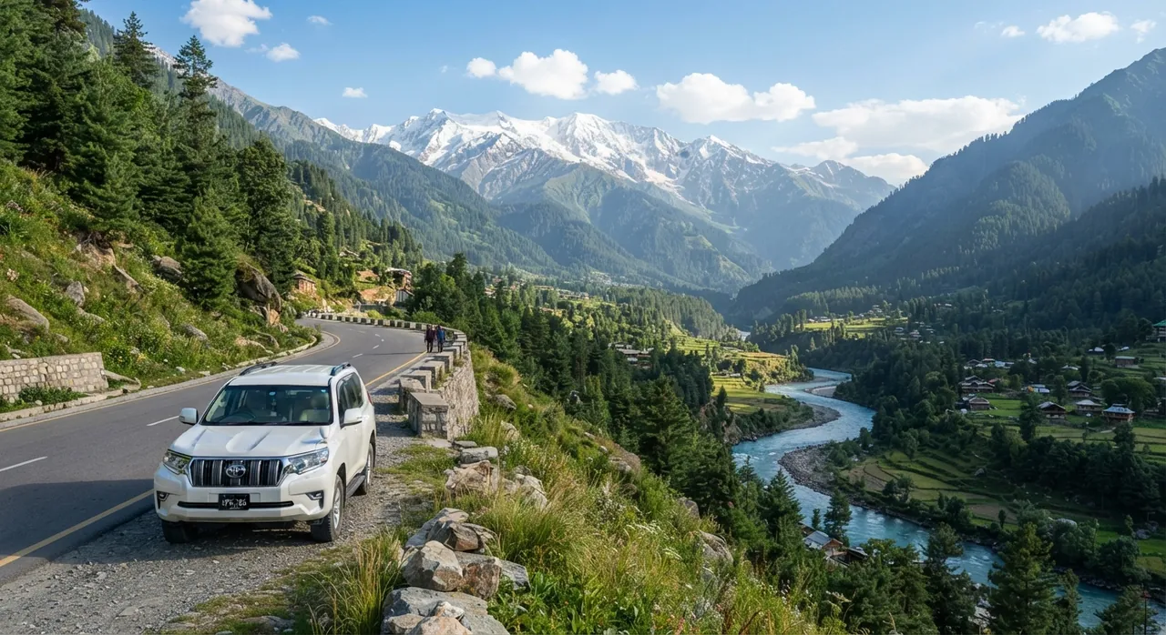 White Toyota Prado parked on a mountain road above the Neelum river with snow peaks and pine forest behind