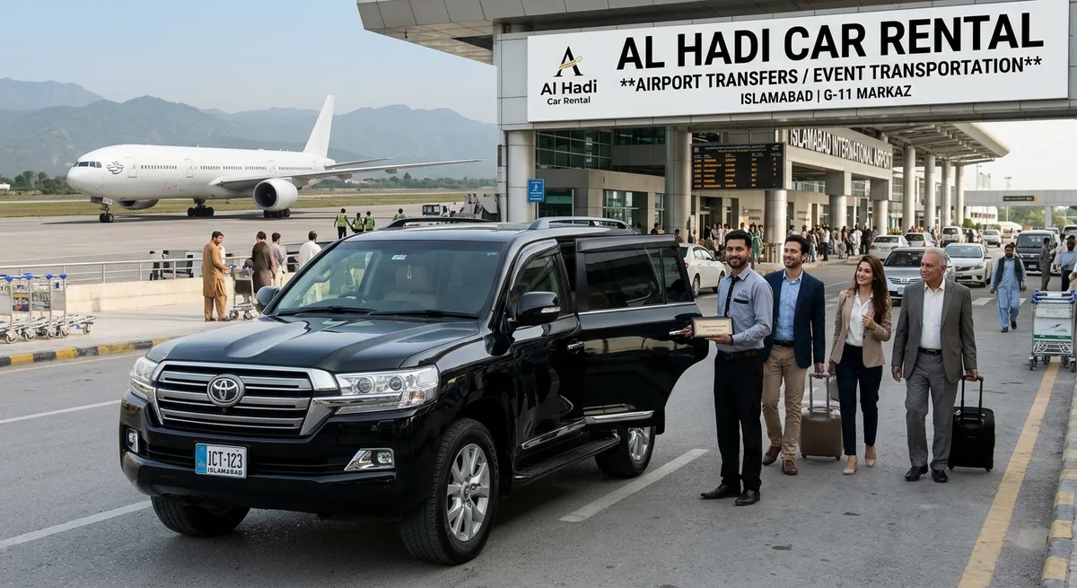 Al Hadi chauffeur welcoming arriving passengers beside a black Land Cruiser at Islamabad International Airport