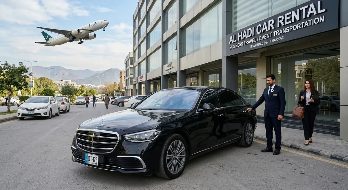 Chauffeur opening the door of a black Mercedes for a business traveller outside the Al Hadi office in G-11 Markaz