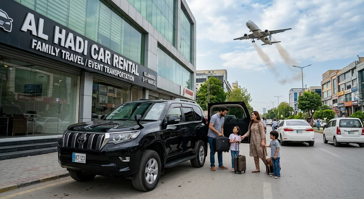 Family with luggage loading a black Toyota Prado outside the Al Hadi Car Rental office in G-11 Markaz