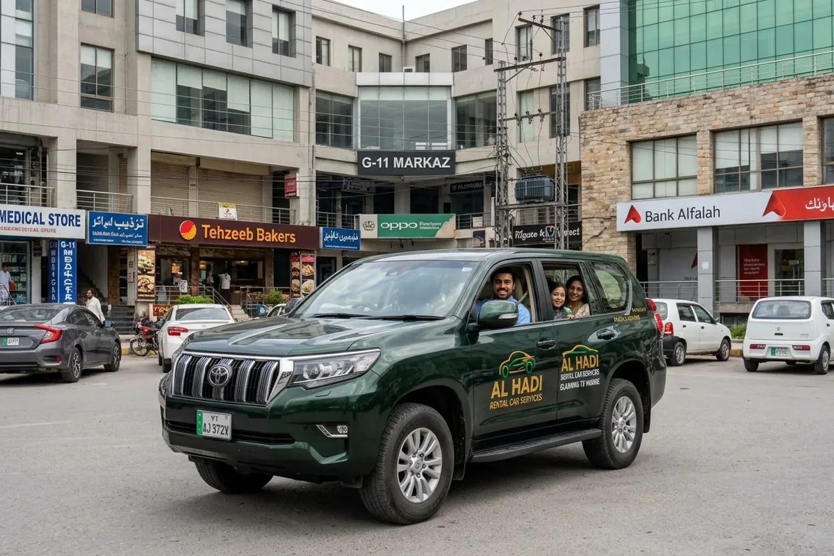 Al Hadi green Toyota Prado with a driver in G-11 Markaz, Islamabad, for hotel transfers