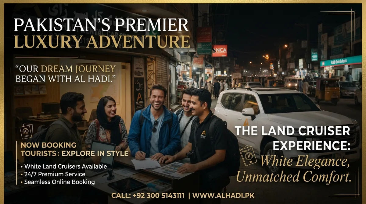 Tourists and a driver at the Al Hadi office with a white Land Cruiser parked on the street at night