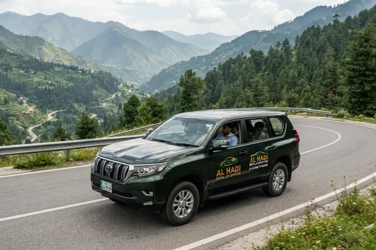 Al Hadi green Toyota Prado with a driver on a hill road, premium car rental with driver