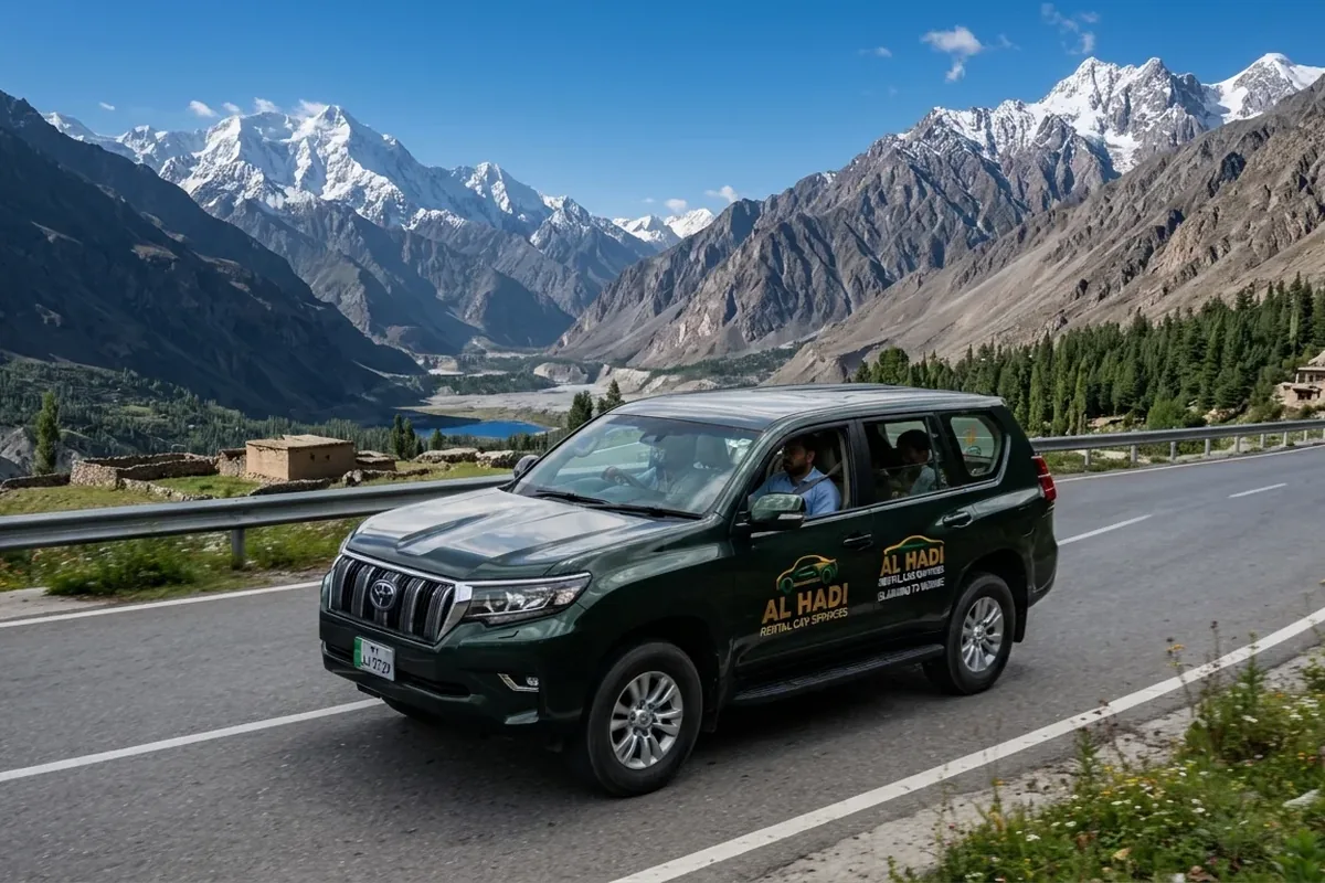 Al Hadi green Toyota Prado on a road below snow-capped mountains, private tour with driver