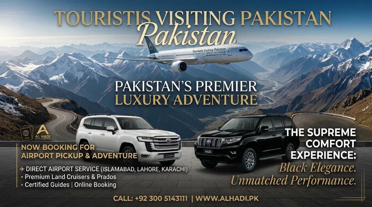 Al Hadi white Land Cruiser and black Prado in front of snow mountains, airport pickup and adventure trips for tourists visiting Pakistan